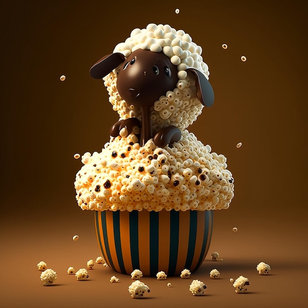 Un cupcake con sopra una pecora e sopra un mucchio di popcorn.