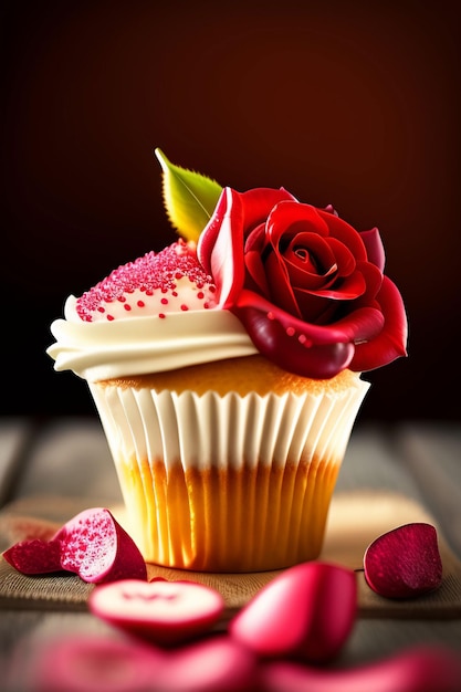 Un cupcake con sopra una rosa