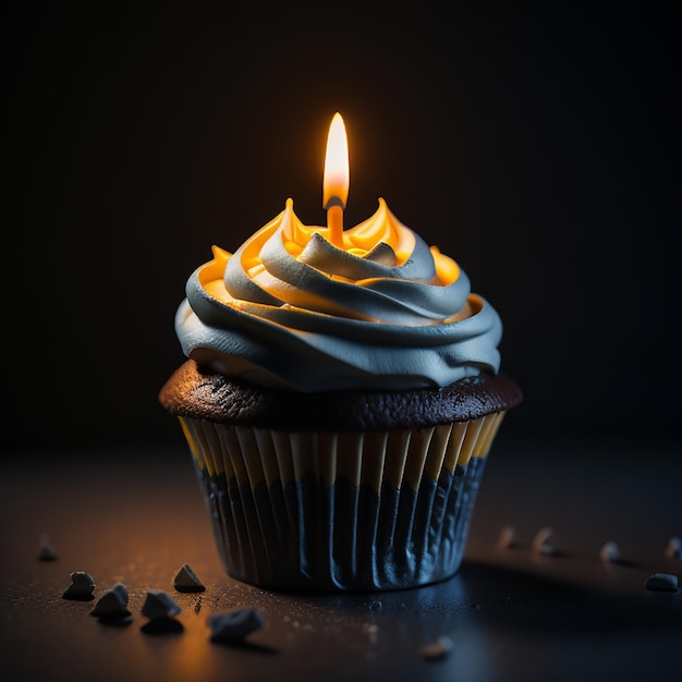 Un cupcake con una candela accesa