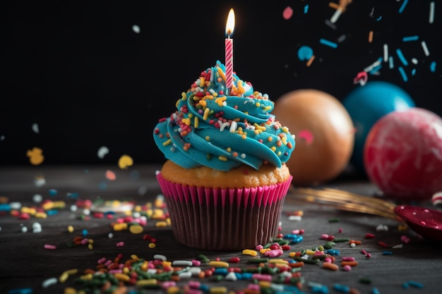 Un cupcake con una candela al centro e una palla sullo sfondo.