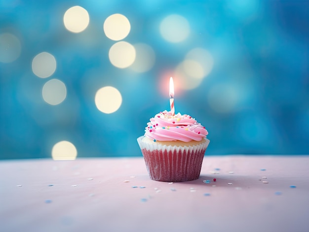 Un cupcake con una candela di compleanno su uno sfondo blu con luci in stile bokeh