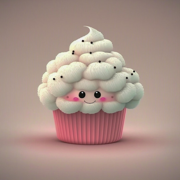 Un cupcake con una faccia rosa e una faccina sorridente Cupcake Character 3D Rendering