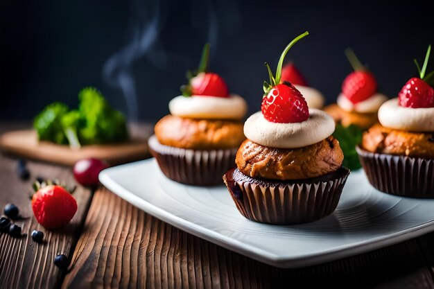 Un cupcake con una fragola in cima.