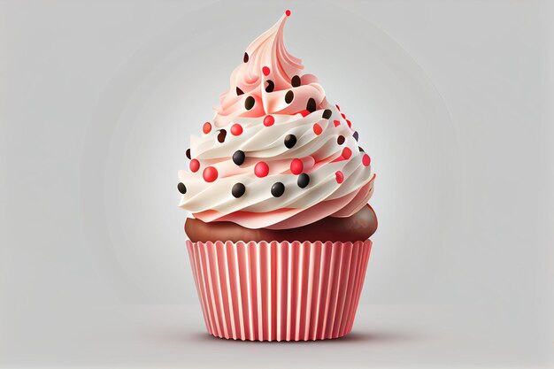 Un cupcake con una glassa rosa e un disegno rosso e bianco.