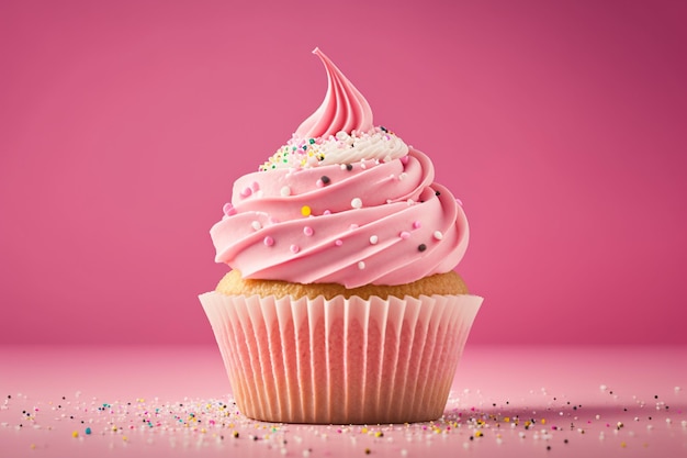 Un cupcake con uno sfondo rosa AI