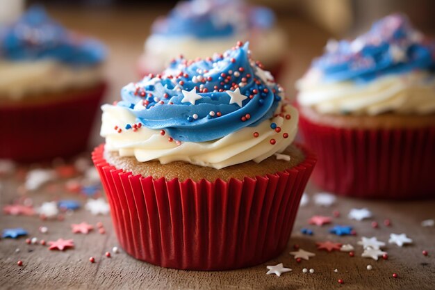 UN CUPCAKE DECORATO CON CREMA BIANCA E BLU