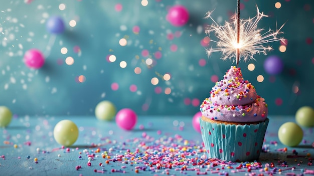 Un cupcake di compleanno adornato con una scintilla di celebrazione e spruzzate che preparano il palco per una dolce celebrazione