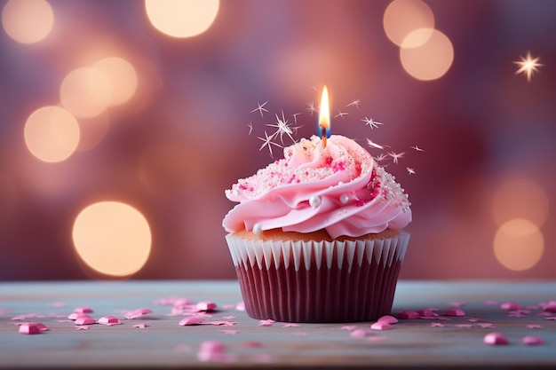 Un cupcake di compleanno decorato con una crema rosa e una candela Generative Ai