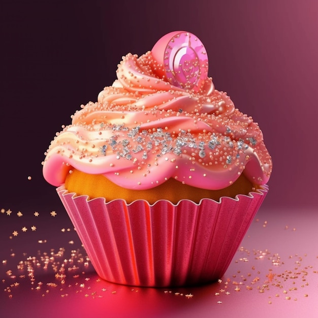 Un cupcake rosa con glassa rosa e granelli sopra.