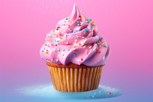 Un cupcake rosa con glassa rosa e spruzza su di esso.