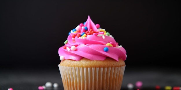 Un cupcake rosa con glassa rosa e spruzza su di esso.