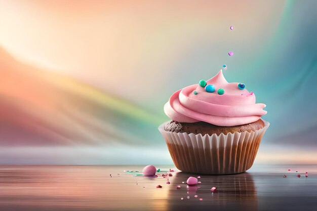 Un cupcake rosa con glassa rosa e uno sfondo arcobaleno