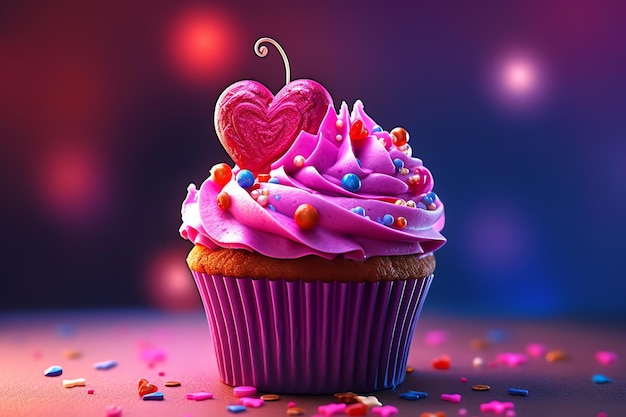 Un cupcake rosa con sopra un cuore