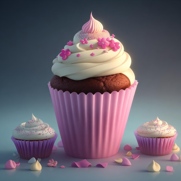 Un cupcake rosa con una copertina rosa e un cuore rosa sopra.