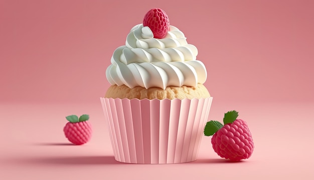 Un cupcake rosa con una crema bianca e sopra un lampone.