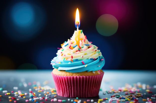 Un cupcake vibrante con una candela per una celebrazione di compleanno