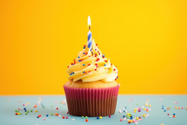 Un cupcake vibrante sette candele e confetti su uno sfondo giallo