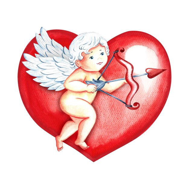 Un cupido volante con un arco e frecce sullo sfondo di un'illustrazione ad acquerello di cuore rosso