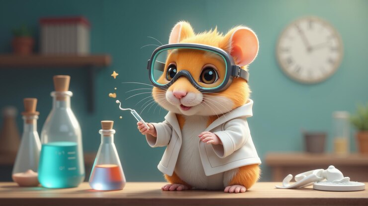 Un curioso criceto conduce esperimenti in un accogliente laboratorio pieno di liquidi e libri colorati
