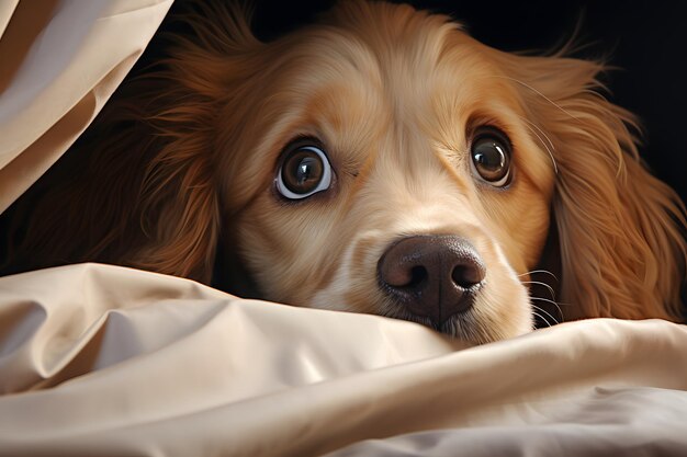 Un curioso cucciolo di cocker spaniel nell'illustrazione 3D che dà una occhiata da dietro una tenda