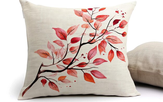 un cuscino bianco con foglie rosse su di esso e un ramo con Foglie rosse sul lato