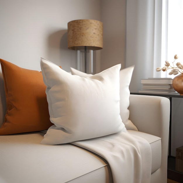 Un cuscino bianco su un divano con accanto un paralume marrone.