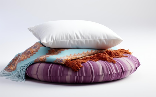 Un cuscino rotondo per la meditazione abbinato a un lancio leggero su sfondo bianco