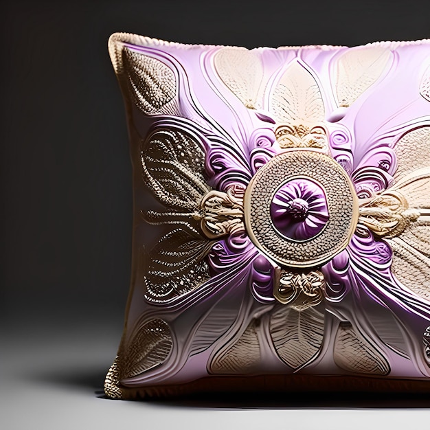 Un cuscino viola e bianco con un disegno floreale su di esso.