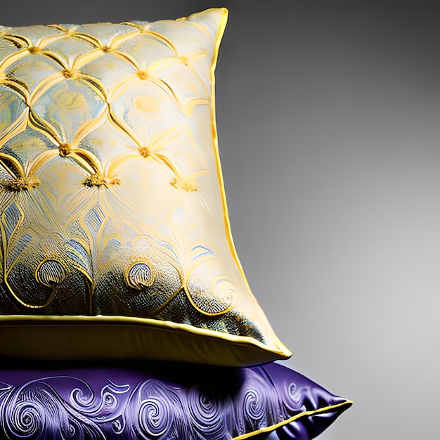 Un cuscino viola e oro con un disegno blu sopra.
