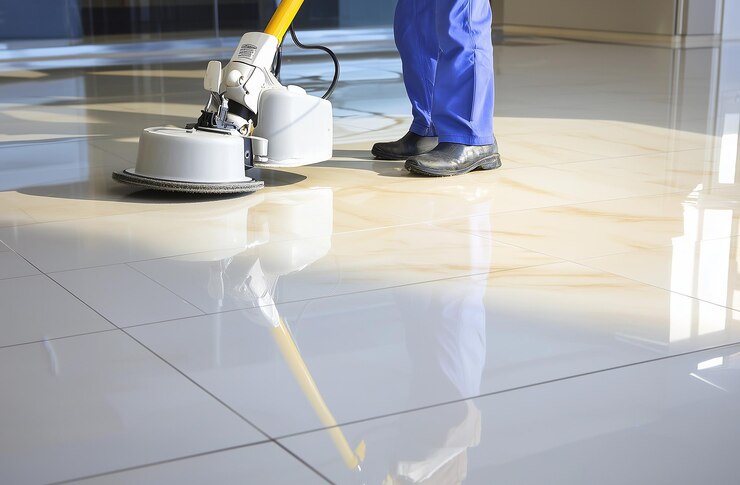 Foto un custode professionista lucida i pavimenti di marmo in un edificio commerciale
