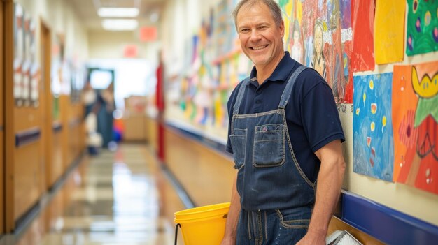 Un custode sorridente con un asciugamano nel colorato corridoio della scuola