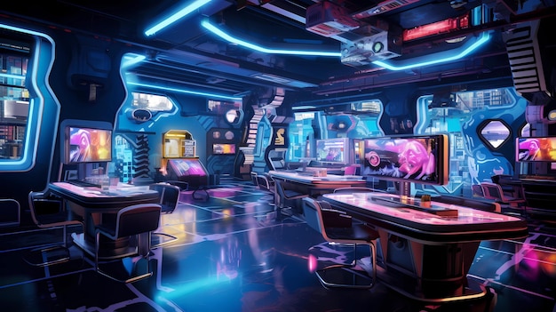 Un cybercafé illuminato al neon