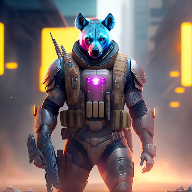 Un cyberpunk Hyena arrabbiato in piedi su uno stretto da solo che tiene lo sguardo di un guerriero armato