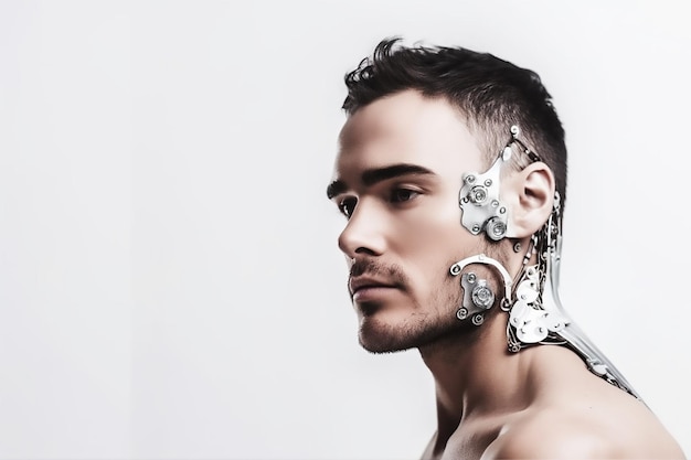 Un cyborg muscolare uomo con una testa di robot su sfondo bianco