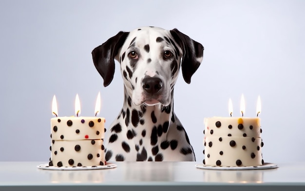 Un dalmata siede dietro due torte con una che dice buon compleanno.