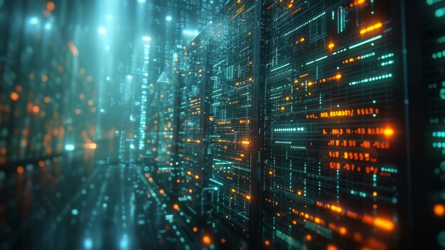 Un data center futuristico con server e schermi che mostrano un flusso infinito di dati e