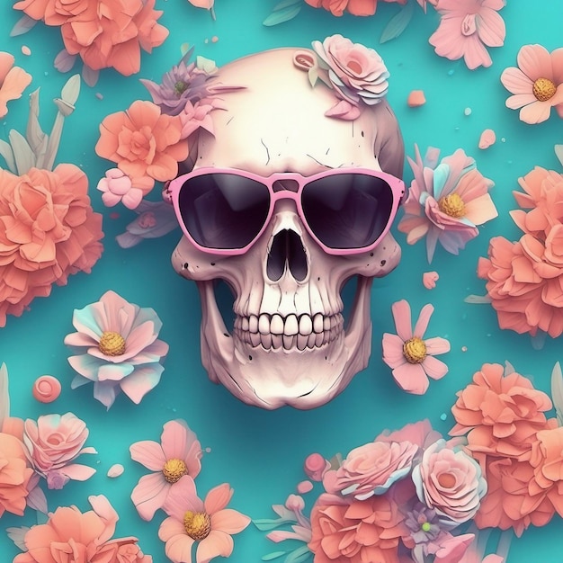 un Dead Skull che indossa occhiali da sole alla moda t-shirt con disegno di fiori splash t-shirt design