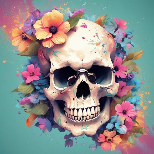 un Dead Skull che indossa occhiali da sole alla moda t-shirt con disegno di fiori splash t-shirt design