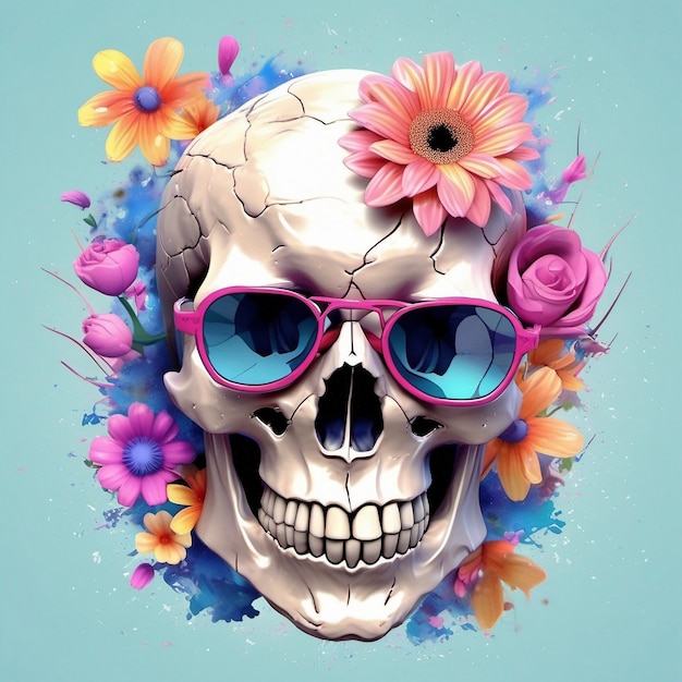 un Dead Skull che indossa occhiali da sole alla moda t-shirt con disegno di fiori splash t-shirt design