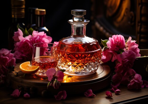 Un decanter con bicchieri di uva e fiori scozzesi una bottiglia di alcol su un tavolo di legno