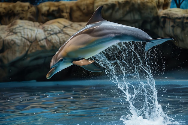 Un delfino che fa un salto in uno spettacolo in acquario