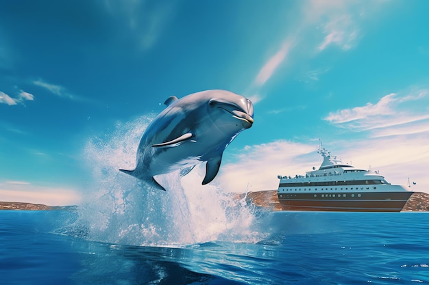 Un delfino che salta fuori dall'acqua accanto a una nave.
