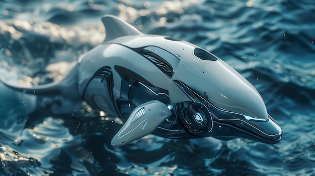 Un delfino robot nuota nell'oceano un delfino futuristico salta fuori dall'acqua accanto a una barca