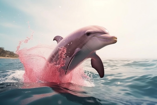 Un delfino rosa che salta fuori dall'acqua