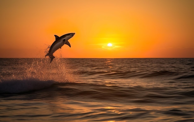 Un delfino salta fuori dall'acqua al tramonto