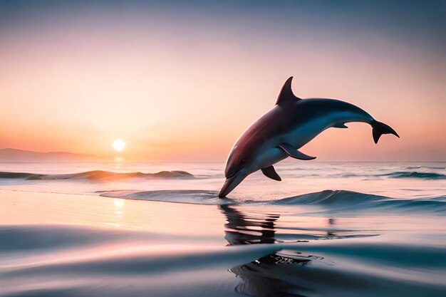 Un delfino salta fuori dall'acqua al tramonto.