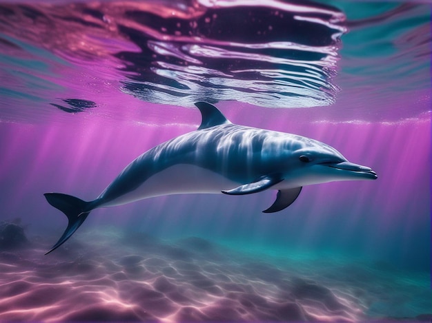 Un delfino sta nuotando in acqua con uno sfondo viola.