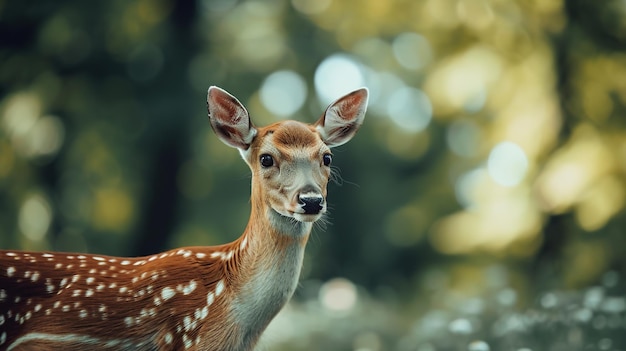 Un delicato cervo in una foresta illuminata dal sole che rappresenta l'innocenza e la bellezza della fauna selvatica adatta per en