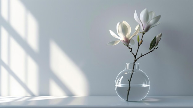 Un delicato fiore di magnolia si erge elegantemente in un vaso di vetro trasparente su un tavolo bianco