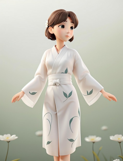 Un delicato kimono bianco con un sottile motivo astratto fluttuante in una leggera brezza